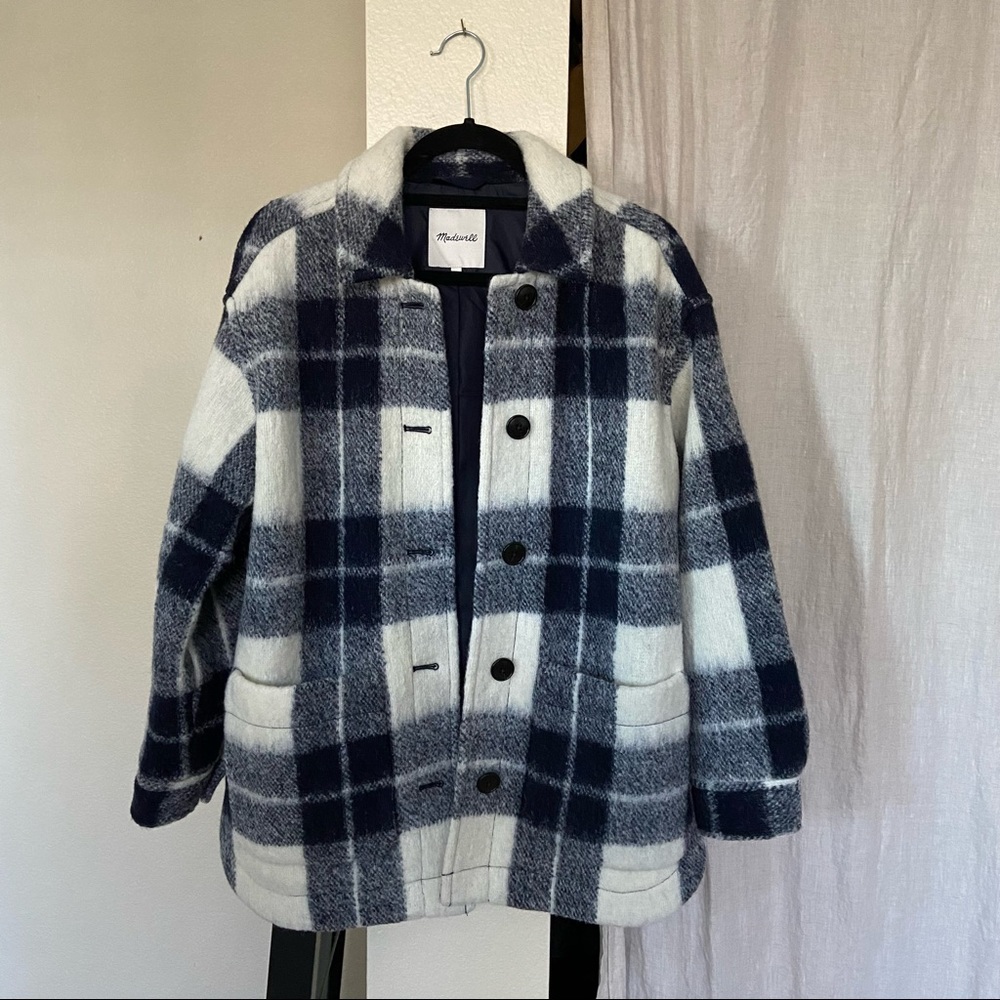 Madewell Navy and Cream Plaid Pea Coat